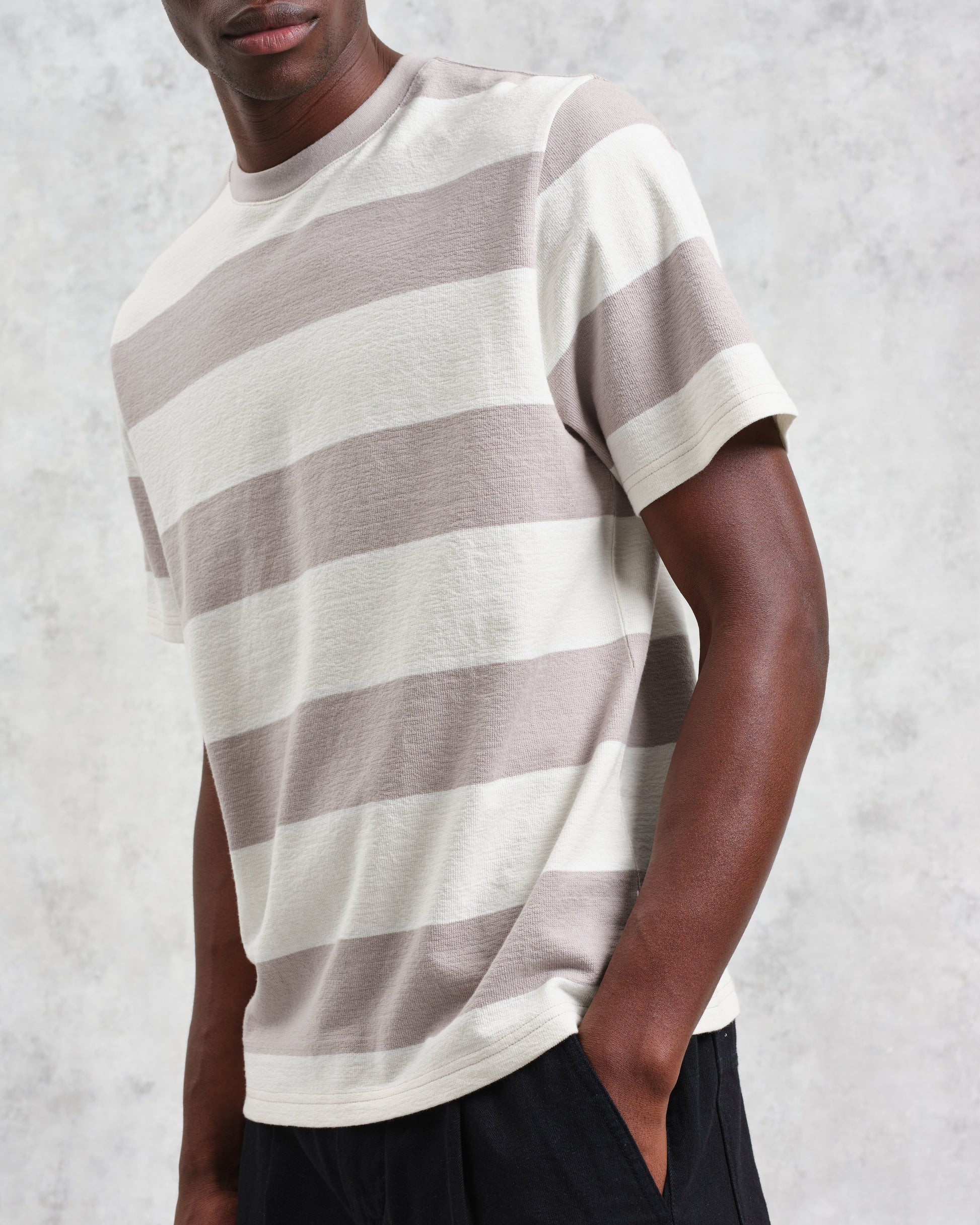 wax london men's Dean - Taupe Grey And Ecru Stripe Textured Organic Cotton T-Shirt