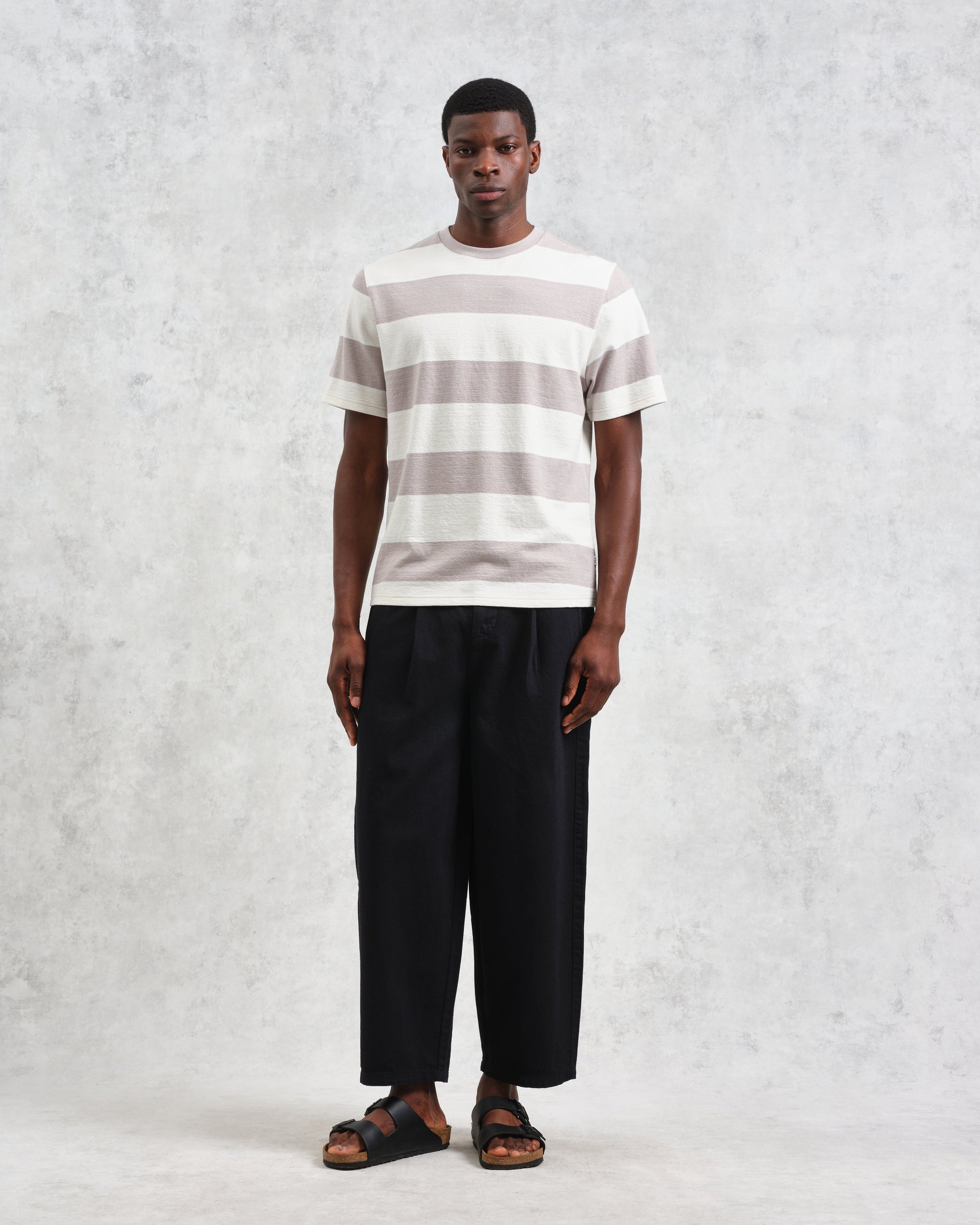 wax london men's Dean - Taupe Grey And Ecru Stripe Textured Organic Cotton T-Shirt