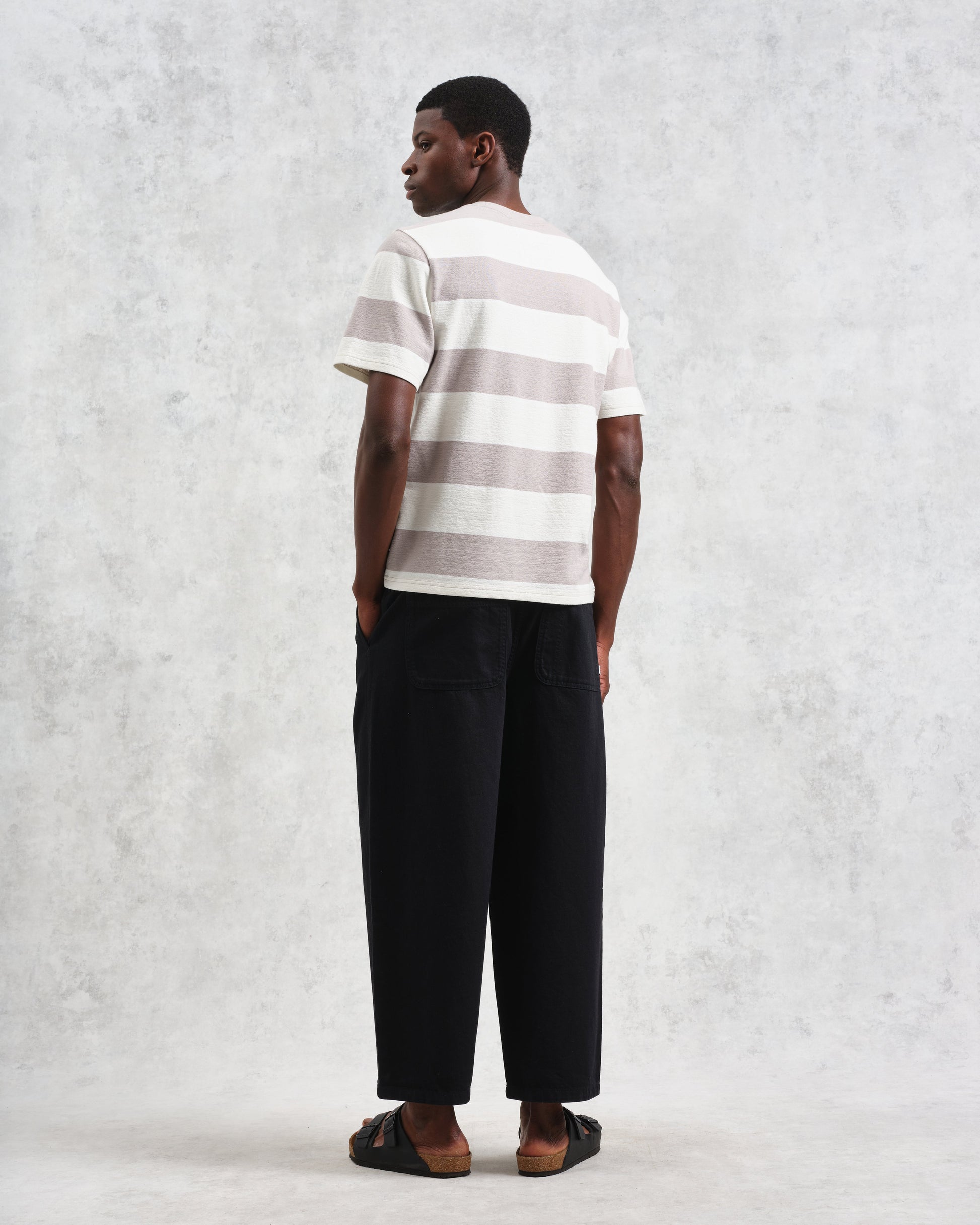 wax london men's Dean - Taupe Grey And Ecru Stripe Textured Organic Cotton T-Shirt