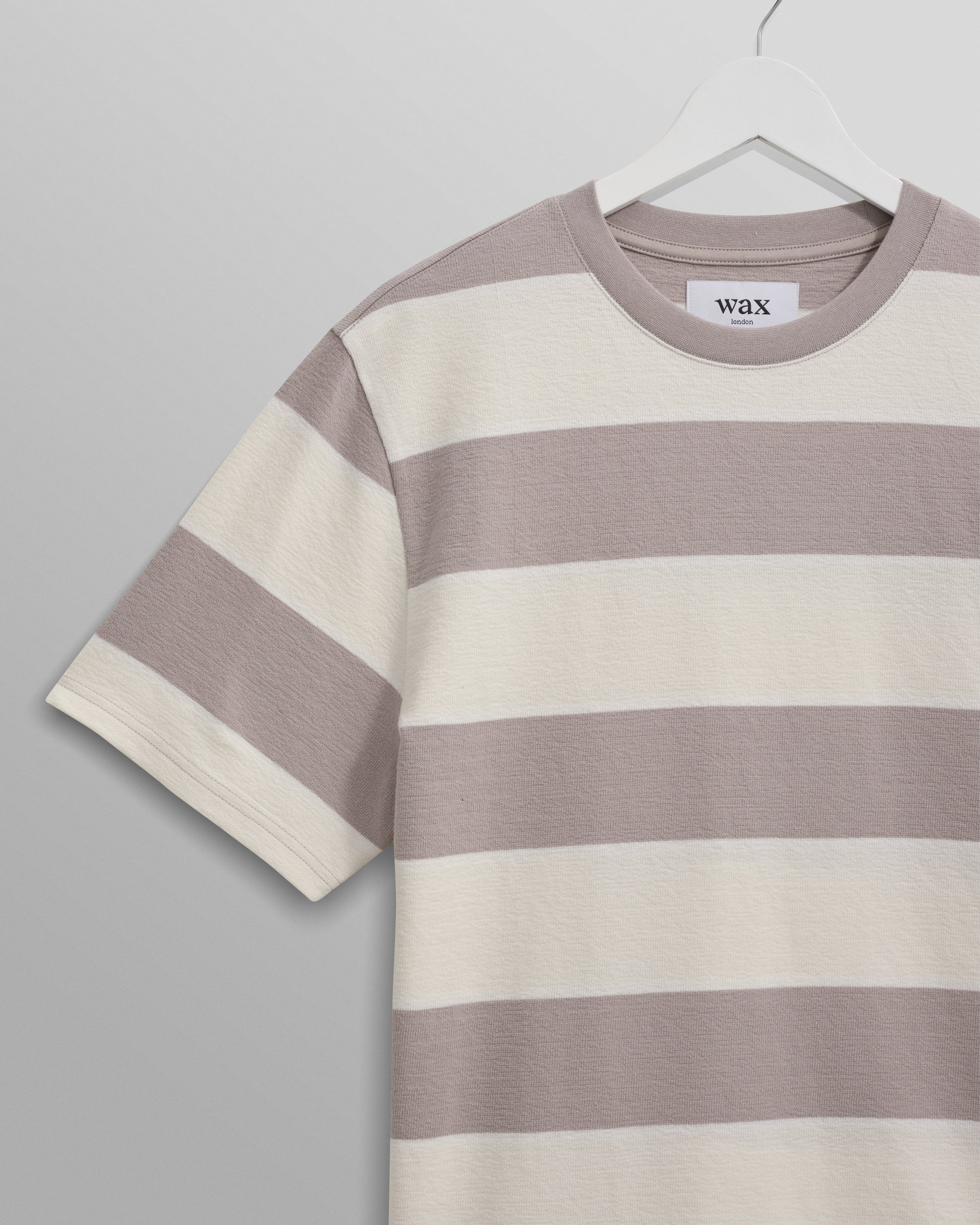 wax london men's Dean - Taupe Grey And Ecru Stripe Textured Organic Cotton T-Shirt