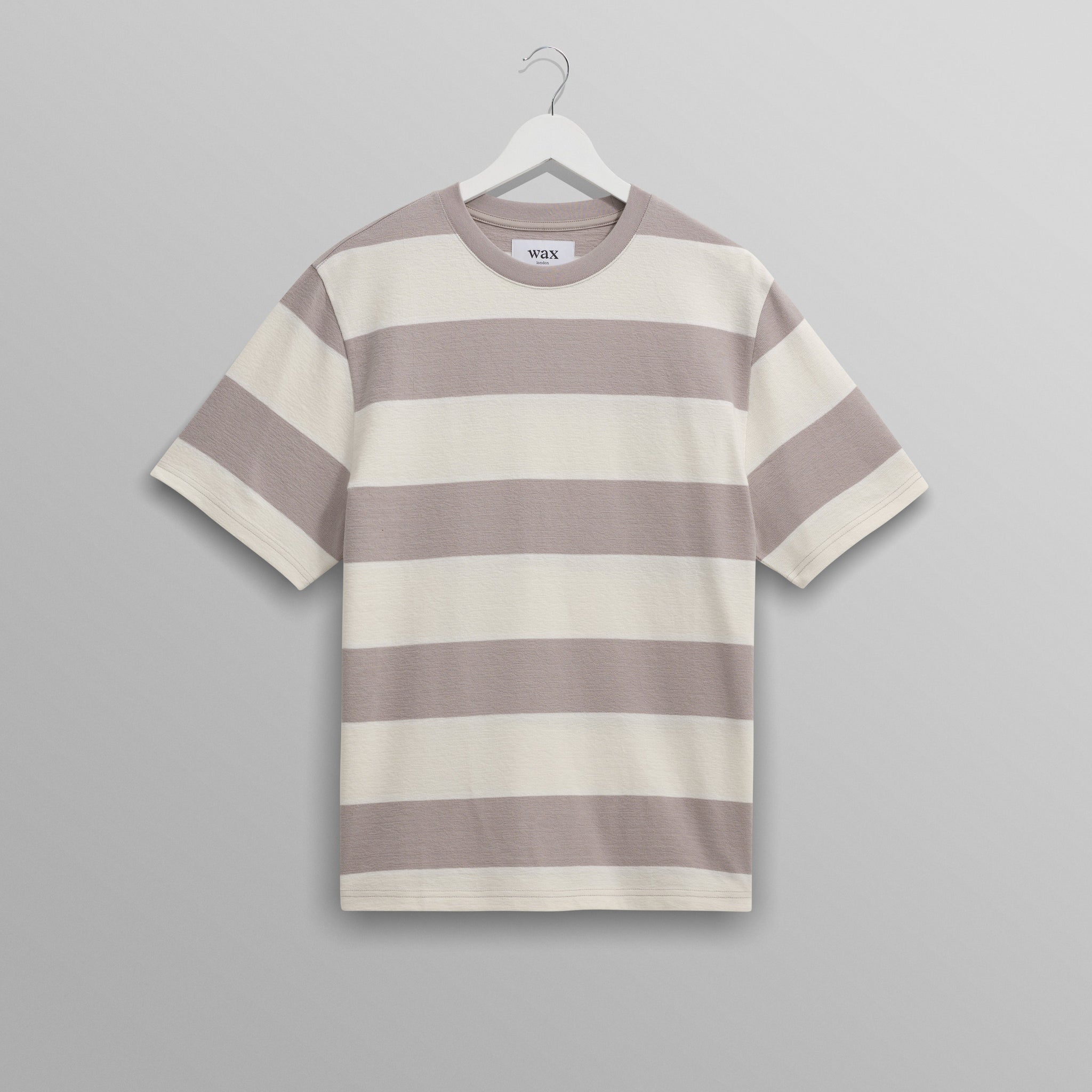wax london men's Dean - Taupe Grey And Ecru Stripe Textured Organic Cotton T-Shirt