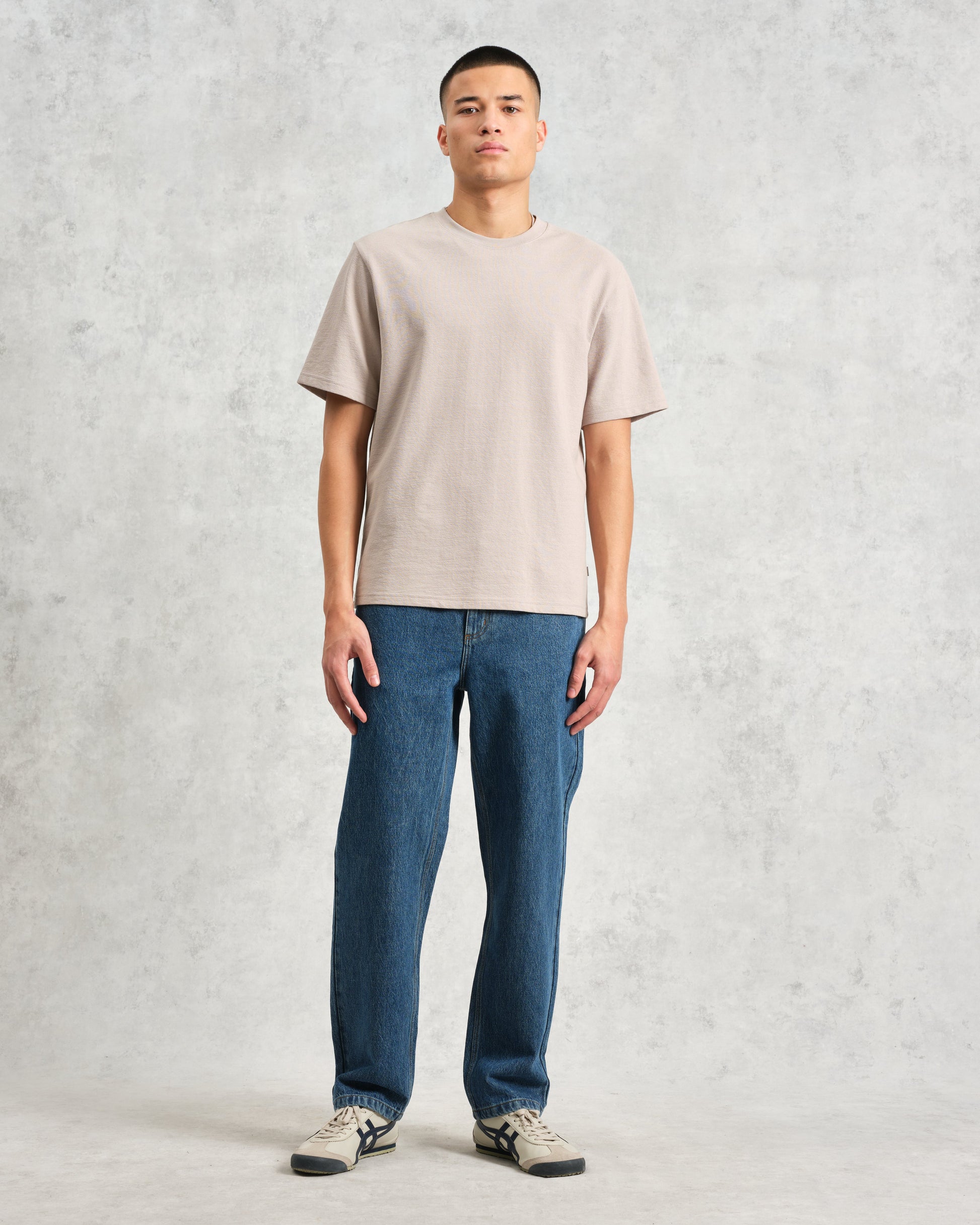 wax london men's Dean - Taupe Grey Textured Organic Cotton T-Shirt