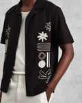 wax london men's Didcot - Black And Ecru Abstract Appliqué Short-Sleeve Shirt