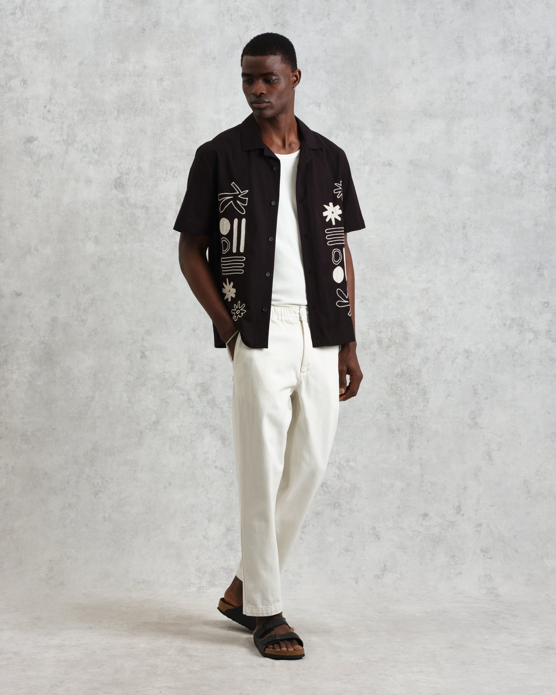 wax london men's Didcot - Black And Ecru Abstract Appliqué Short-Sleeve Shirt