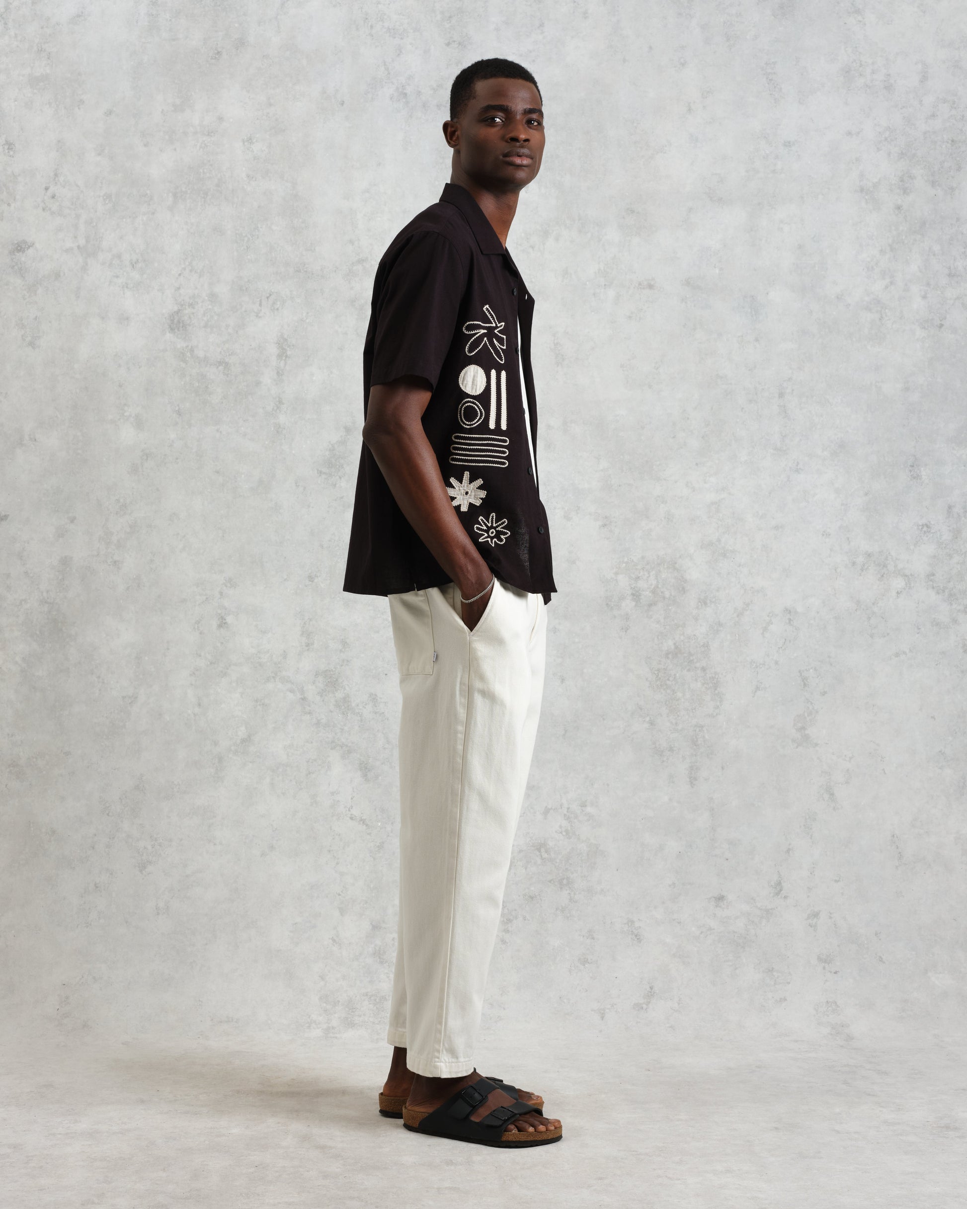 wax london men's Didcot - Black And Ecru Abstract Appliqué Short-Sleeve Shirt