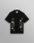 wax london men's Didcot - Black And Ecru Abstract Appliqué Short-Sleeve Shirt