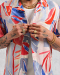 wax london men's Didcot - Blue And Pink Abstract Short-Sleeve Shirt