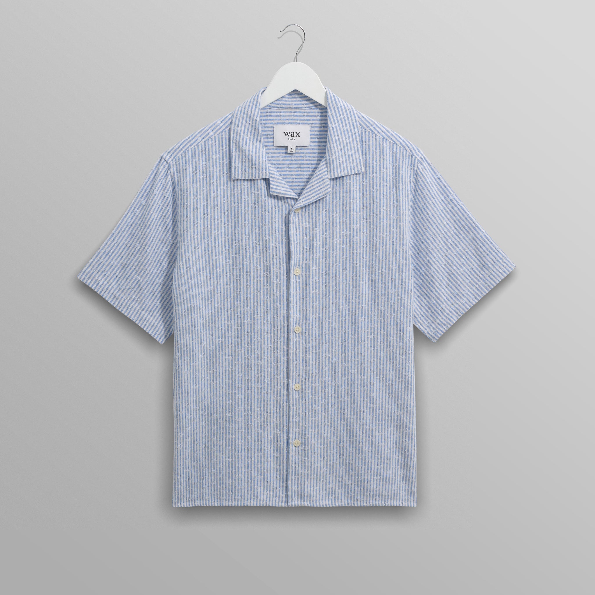 wax london men's Didcot - Blue And White Textured Stripe Short-Sleeve Shirt