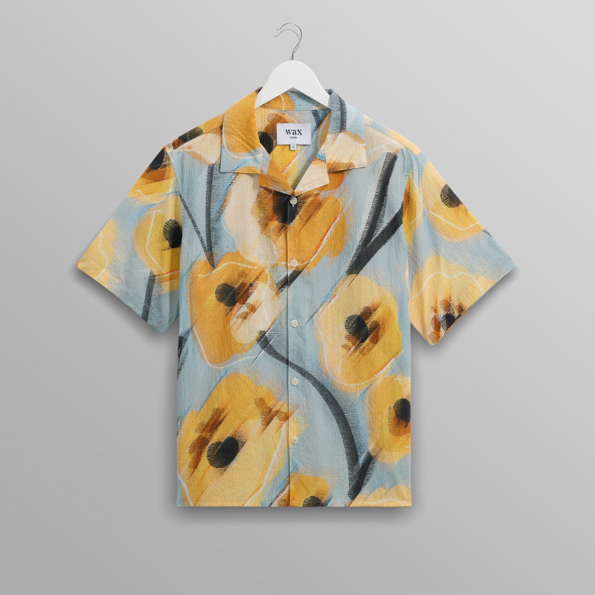 wax london men's Didcot - Blue And Yellow Abstract Poppy Short-Sleeve Shirt