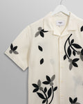 wax london men's Didcot - Ecru And Black Bloom Appliqué Short-Sleeve Shirt