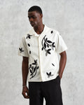 wax london men's Didcot - Ecru And Black Bloom Appliqué Short-Sleeve Shirt