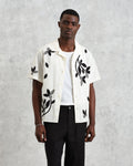 wax london men's Didcot - Ecru And Black Bloom Appliqué Short-Sleeve Shirt