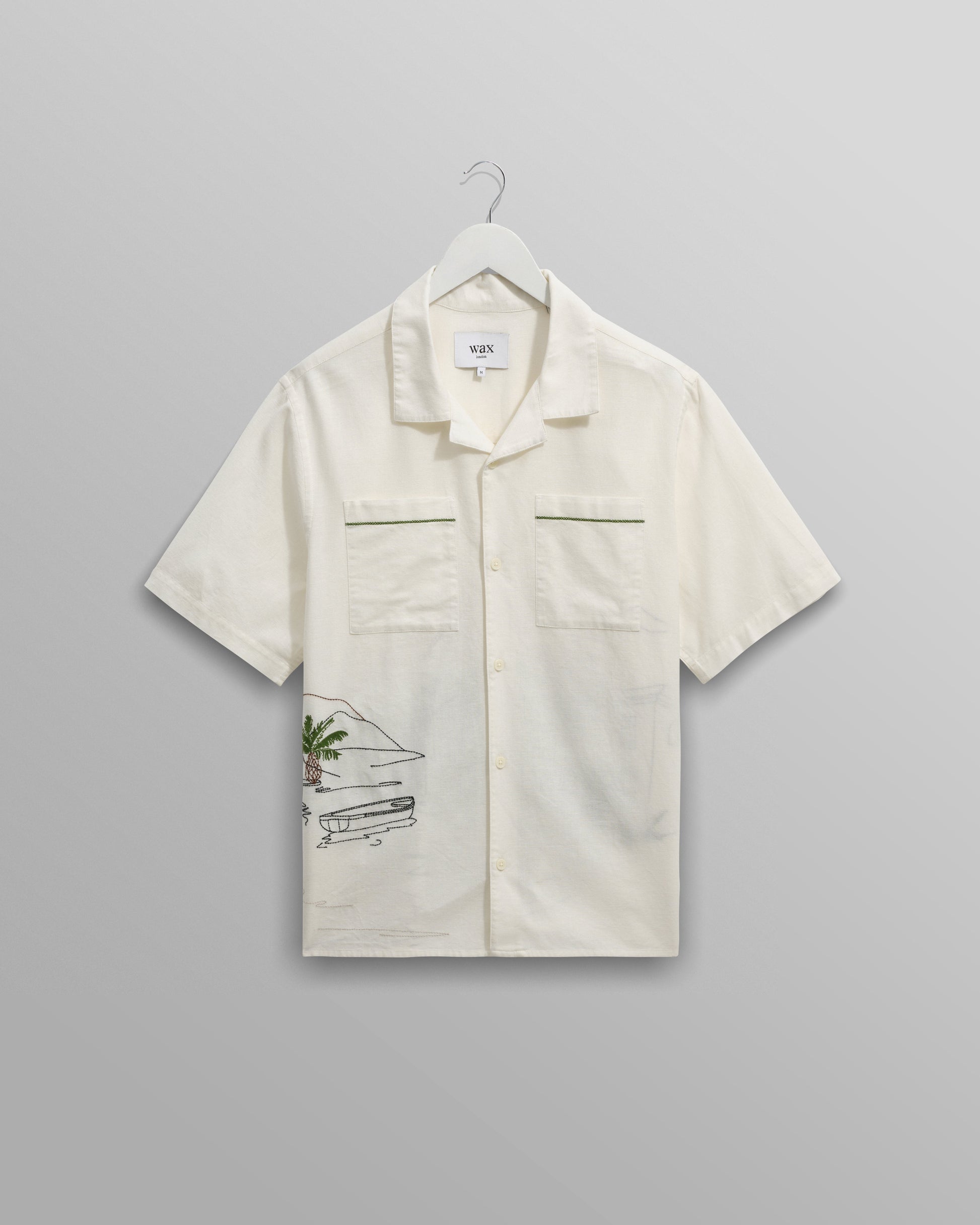 wax london men's Didcot - Ecru And Multicolour Embroidered Short-Sleeve Shirt