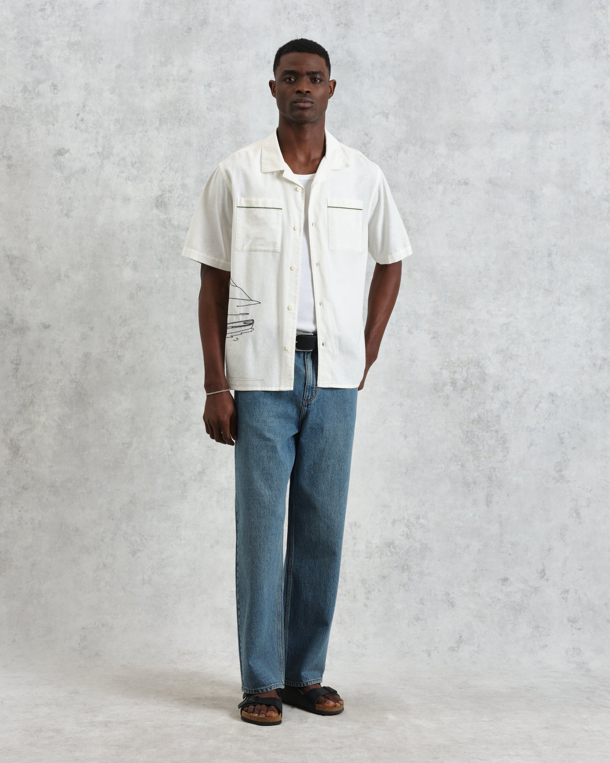 wax london men's Didcot - Ecru And Multicolour Embroidered Short-Sleeve Shirt