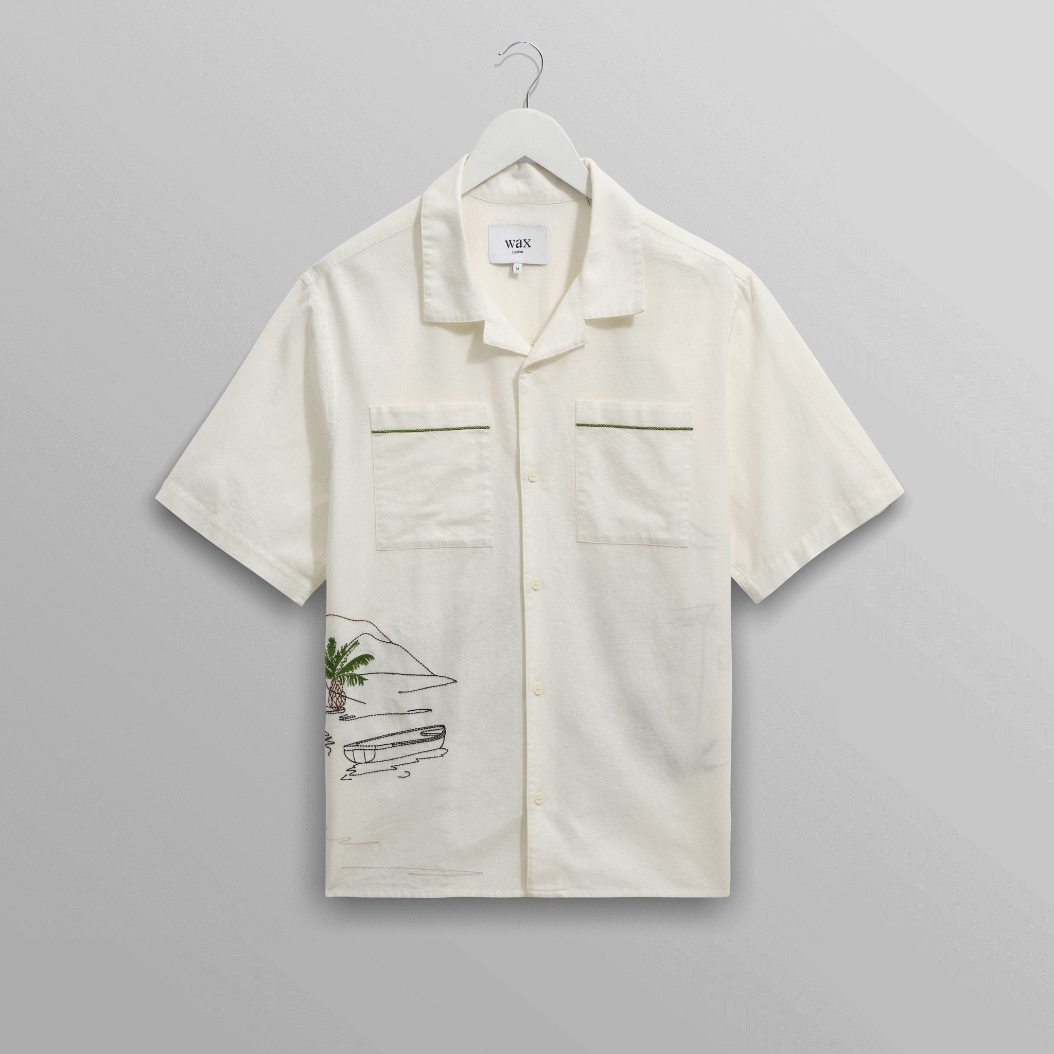 wax london men's Didcot - Ecru And Multicolour Embroidered Short-Sleeve Shirt