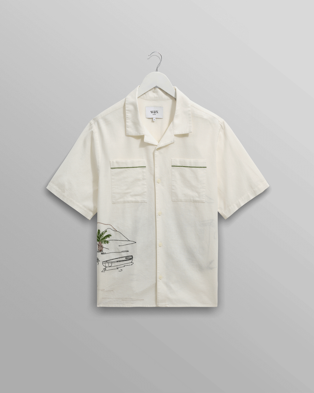 wax london men's Didcot - Ecru And Multicolour Embroidered Short-Sleeve Shirt