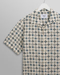 wax london men's Didcot - Ecru And Multicolour Geometric Tile Seersucker Short-Sleeve Shirt