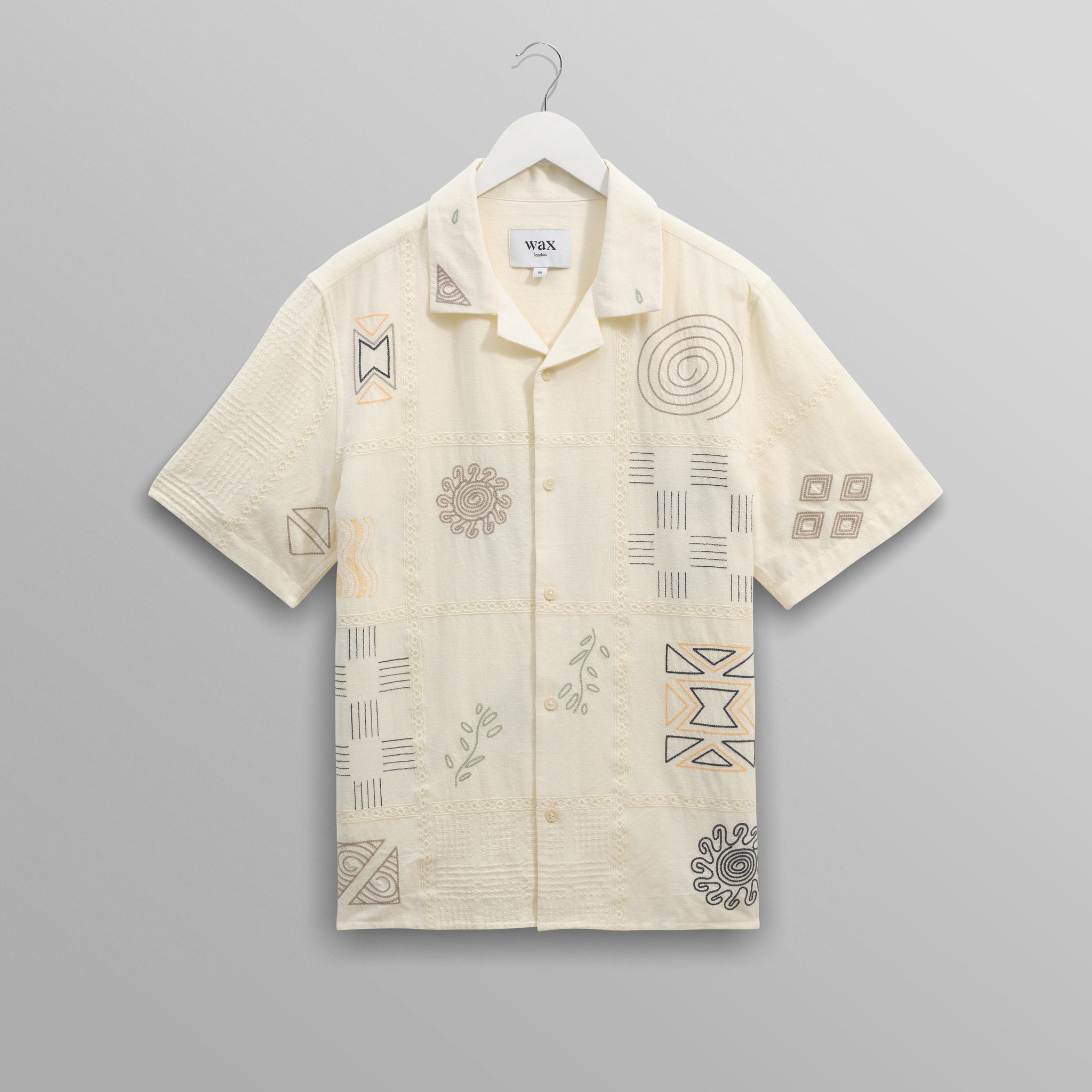 wax london men's Didcot - Ecru Doodle Embroidered Short-Sleeve Shirt