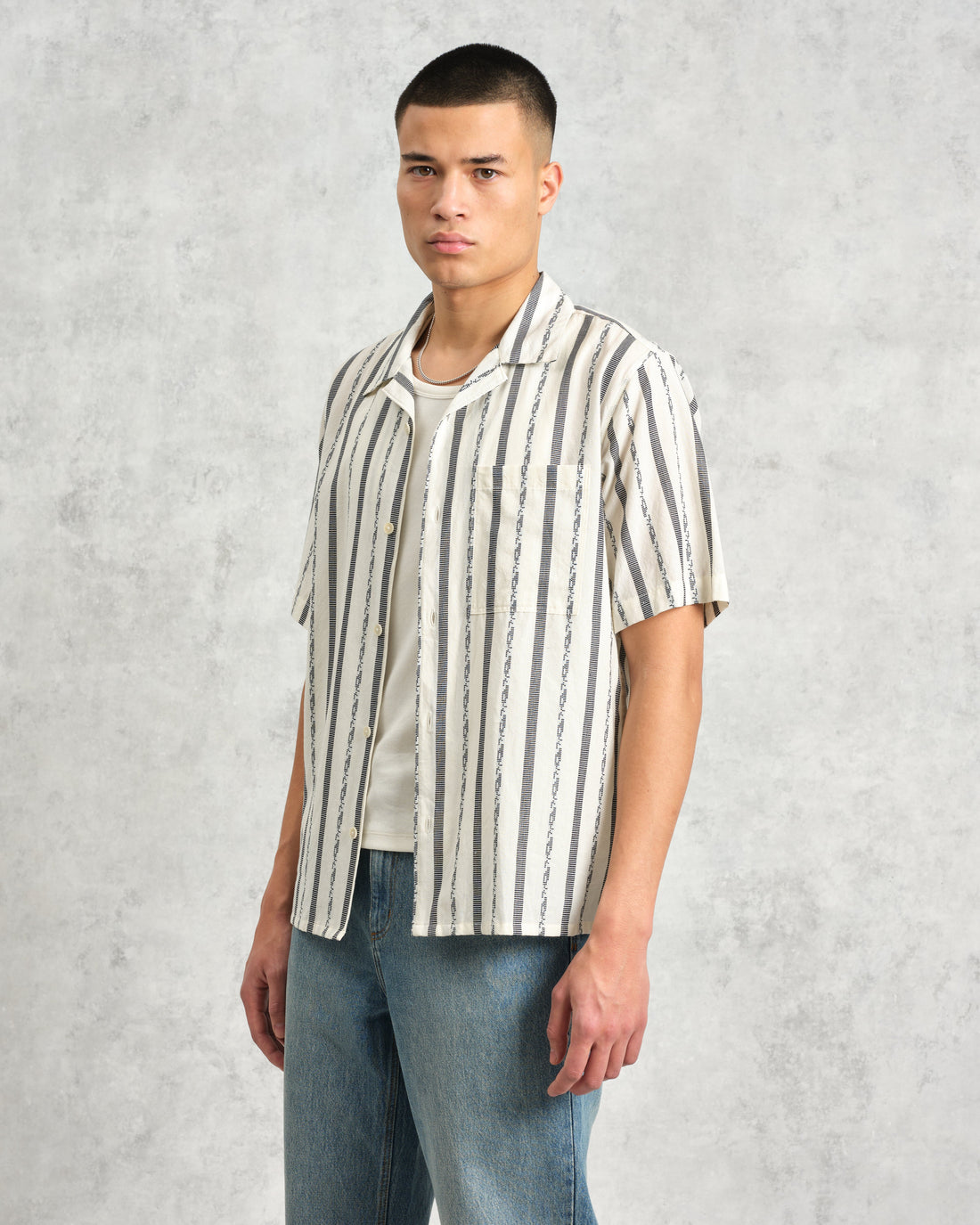 wax london men's Didcot - Ecru Fleck Stripe Short-Sleeve Shirt
