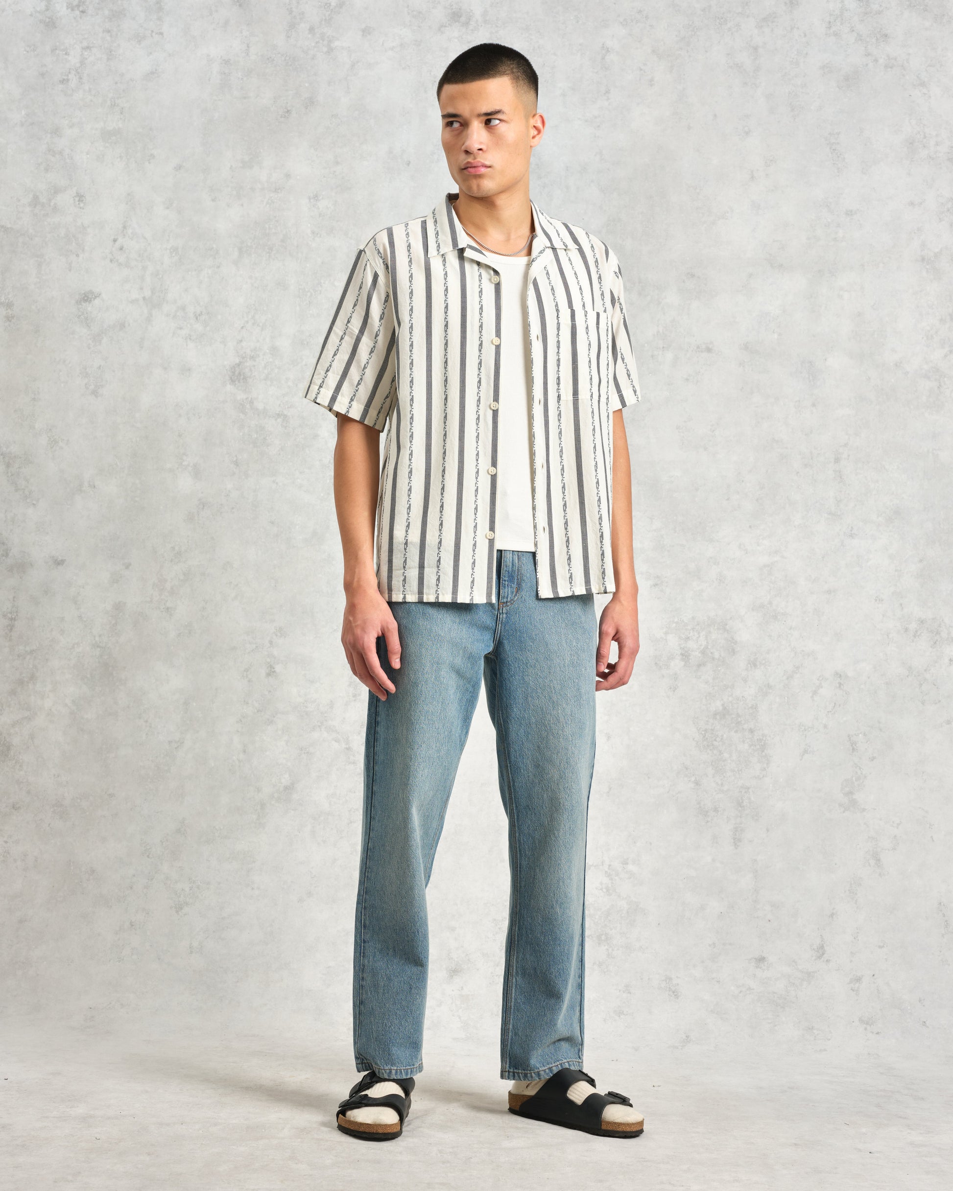 wax london men's Didcot - Ecru Fleck Stripe Short-Sleeve Shirt