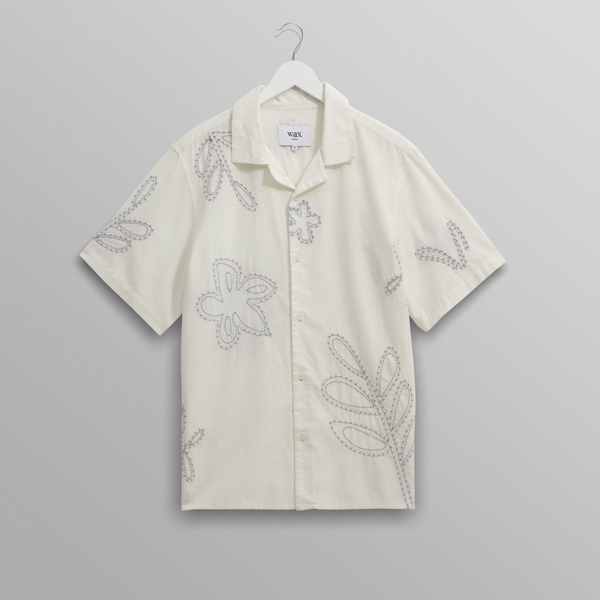 wax london men's Didcot - Ecru Floral Embroidered Short-Sleeve Shirt
