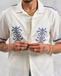 wax london men's Didcot - Ecru Motif Embroidered Short-Sleeve Shirt