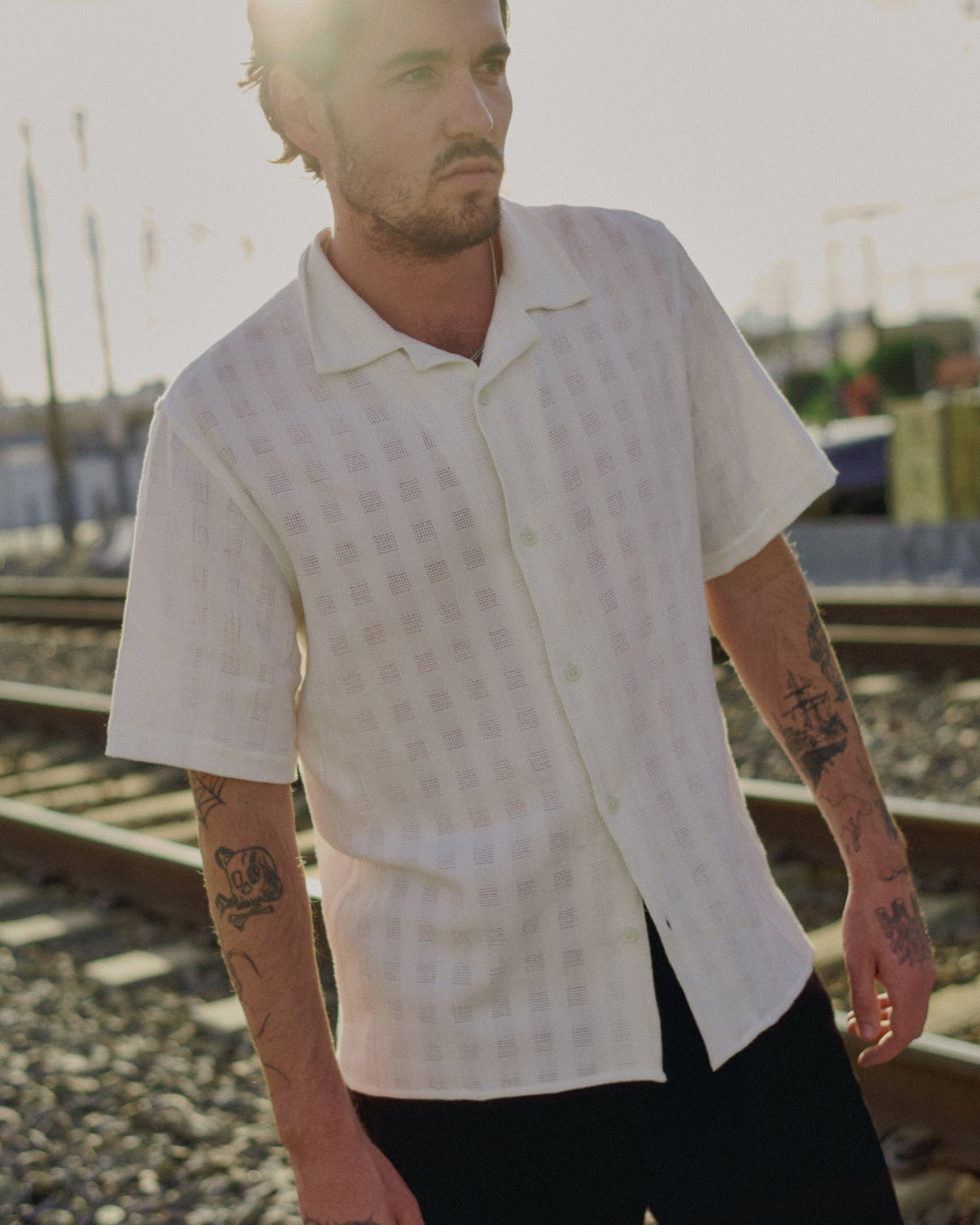 wax london men's Didcot - Ecru Open Weave Cotton Short-Sleeve Shirt