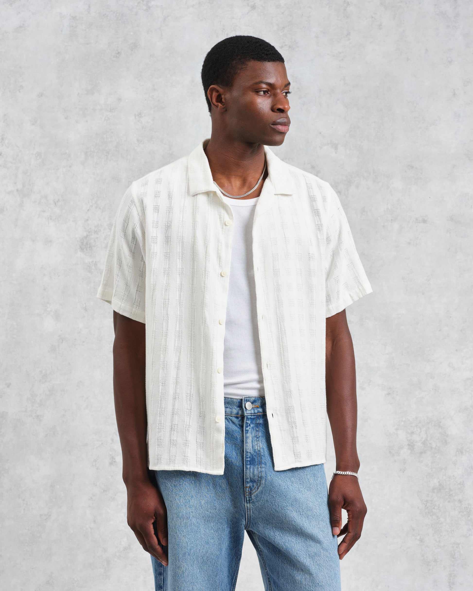 wax london men's Didcot - Ecru Open Weave Cotton Short-Sleeve Shirt