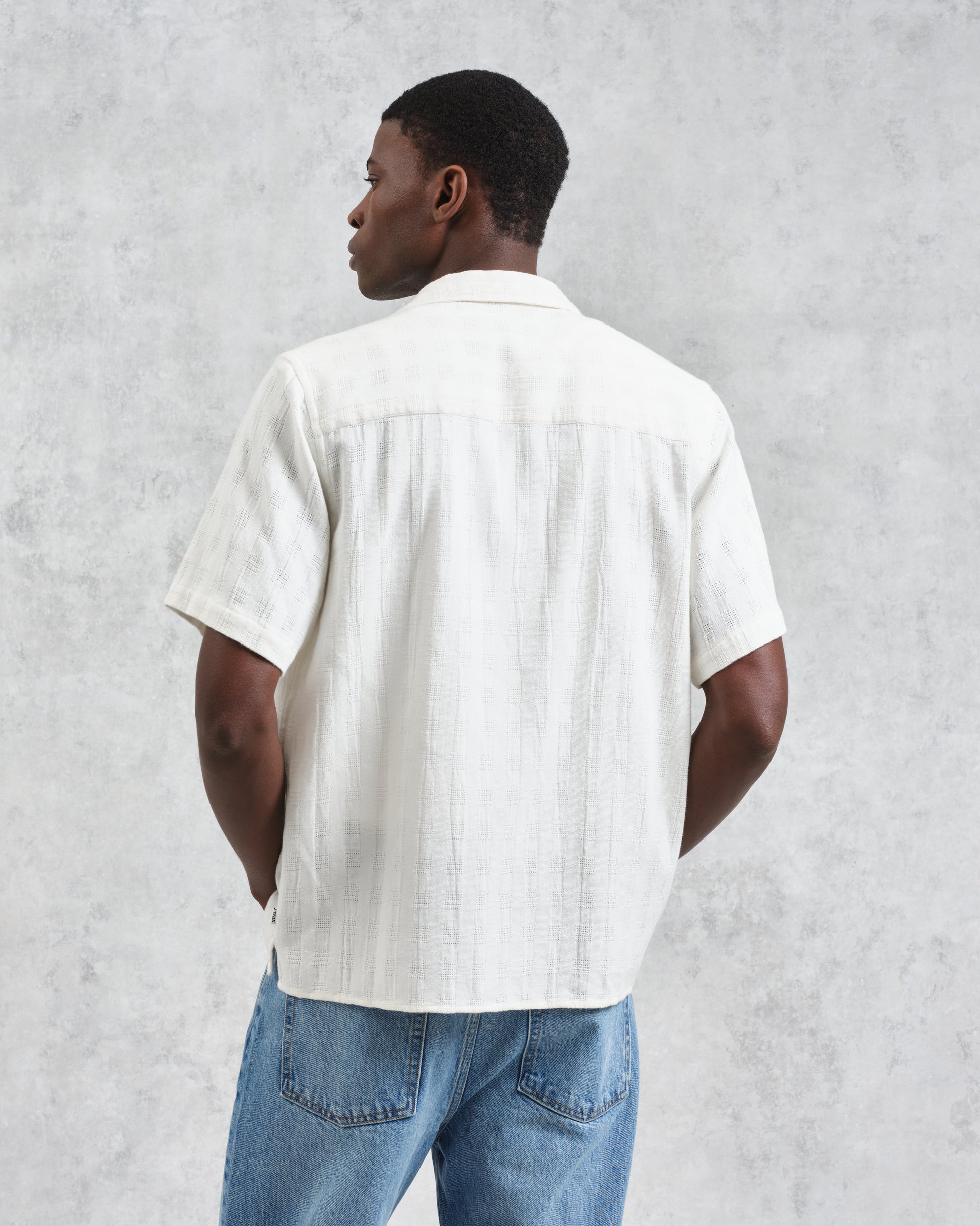 wax london men's Didcot - Ecru Open Weave Cotton Short-Sleeve Shirt