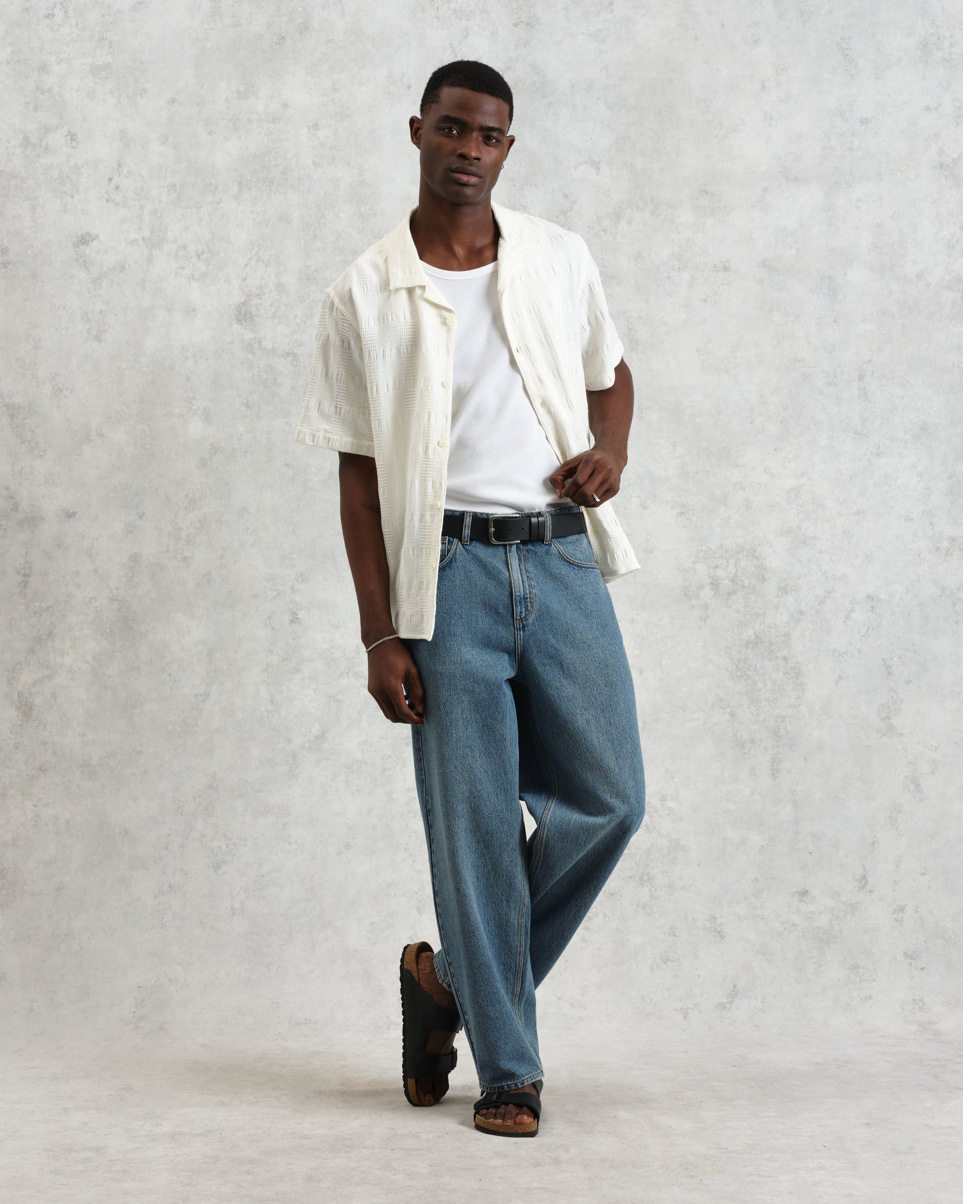 wax london men's Didcot - Ecru Waffle Seersucker Cotton Short-Sleeve Shirt