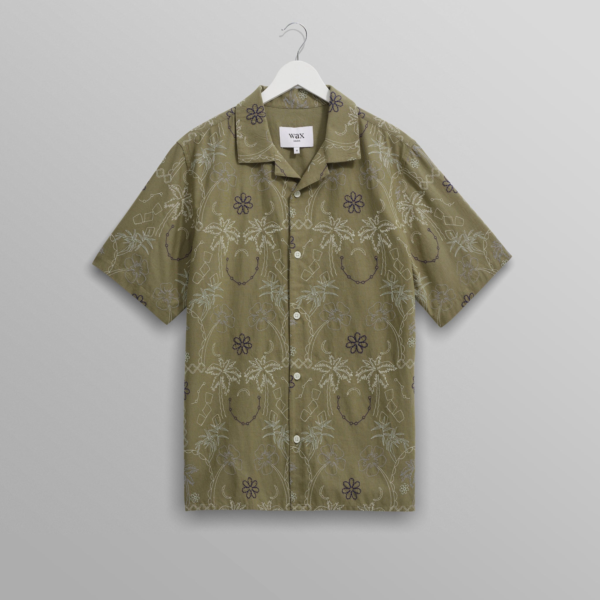 wax london men's Didcot - Khaki Hawaiian Embroidered Short-Sleeve Shirt
