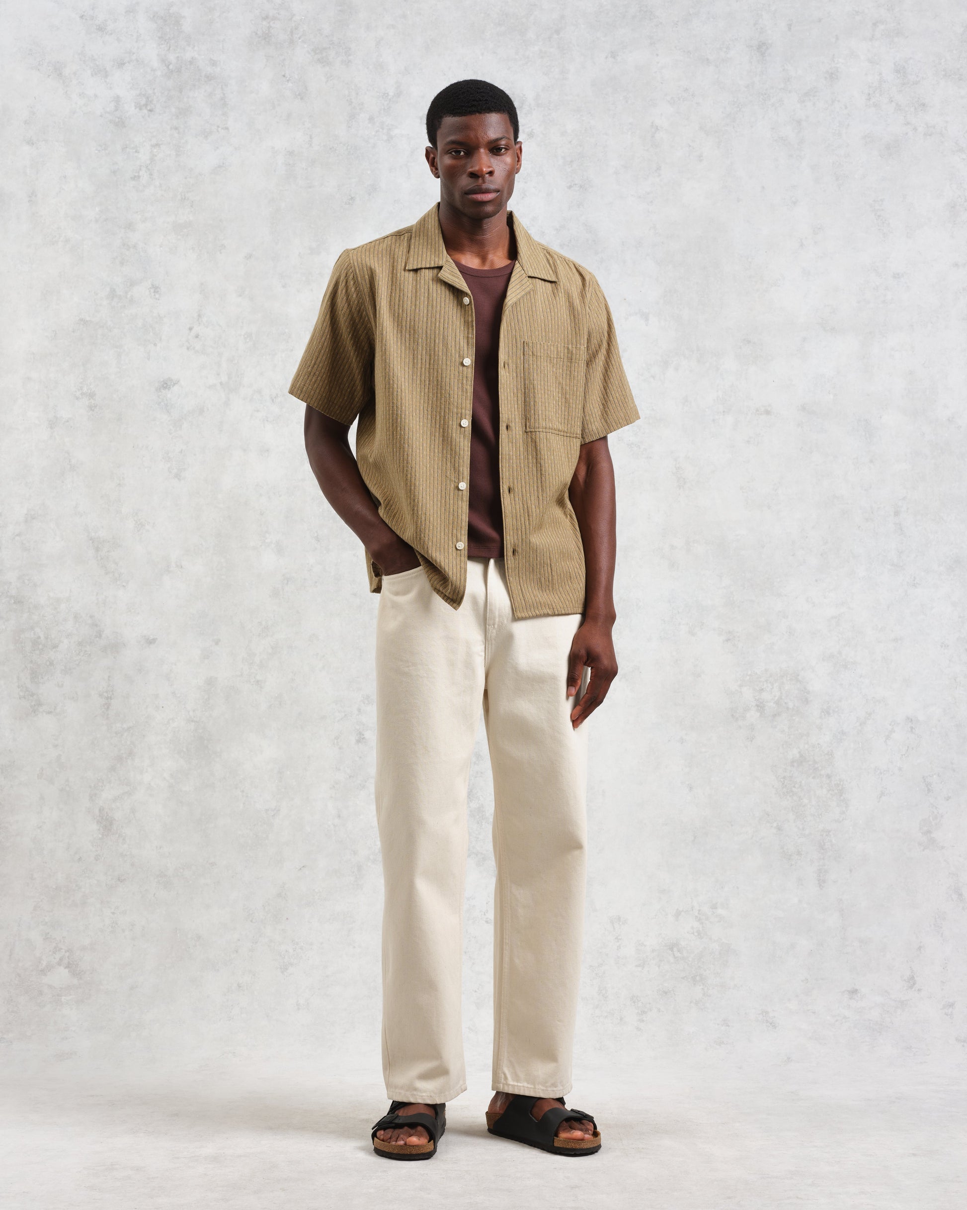 wax london men's Didcot - Khaki Slub Stripe Short-Sleeve Shirt