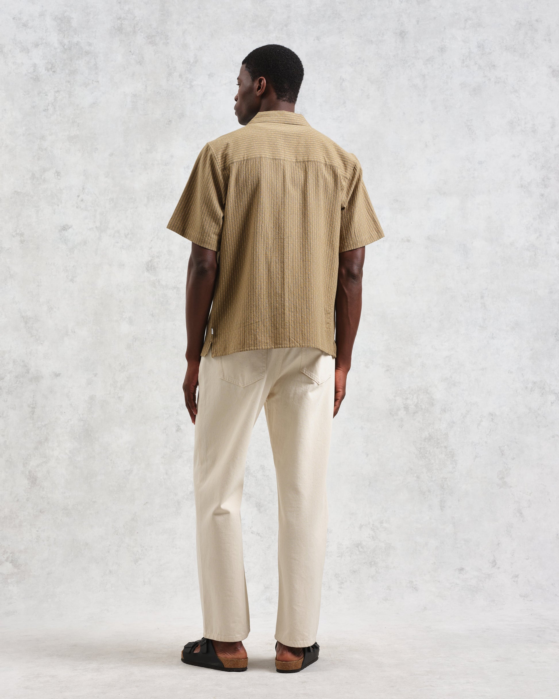 wax london men's Didcot - Khaki Slub Stripe Short-Sleeve Shirt
