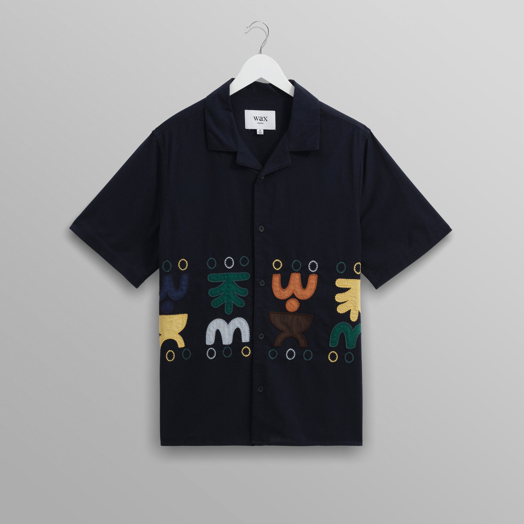 wax london men's Didcot - Navy And Multicolour Bold Doodle Appliqué Short-Sleeve Shirt