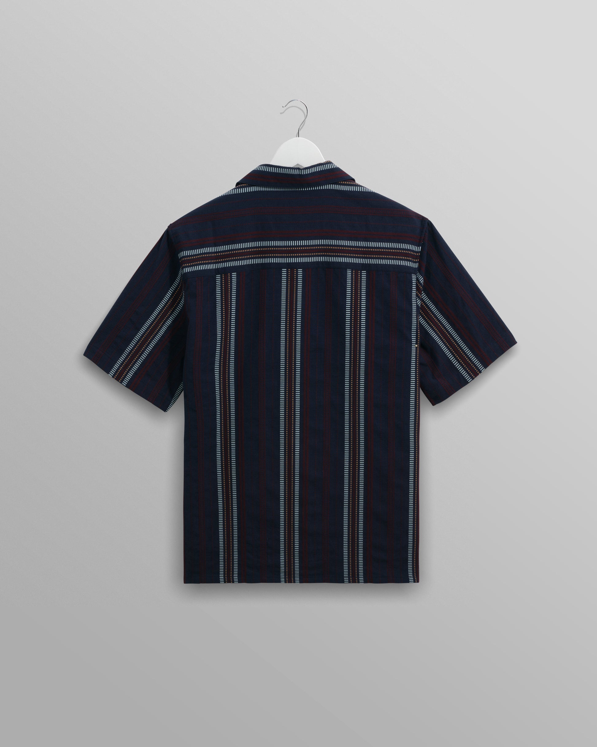 wax london men's Didcot - Navy And Multicolour Stripe Dobby Cotton Short-Sleeve Shirt