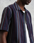 wax london men's Didcot - Navy And Multicolour Stripe Dobby Cotton Short-Sleeve Shirt