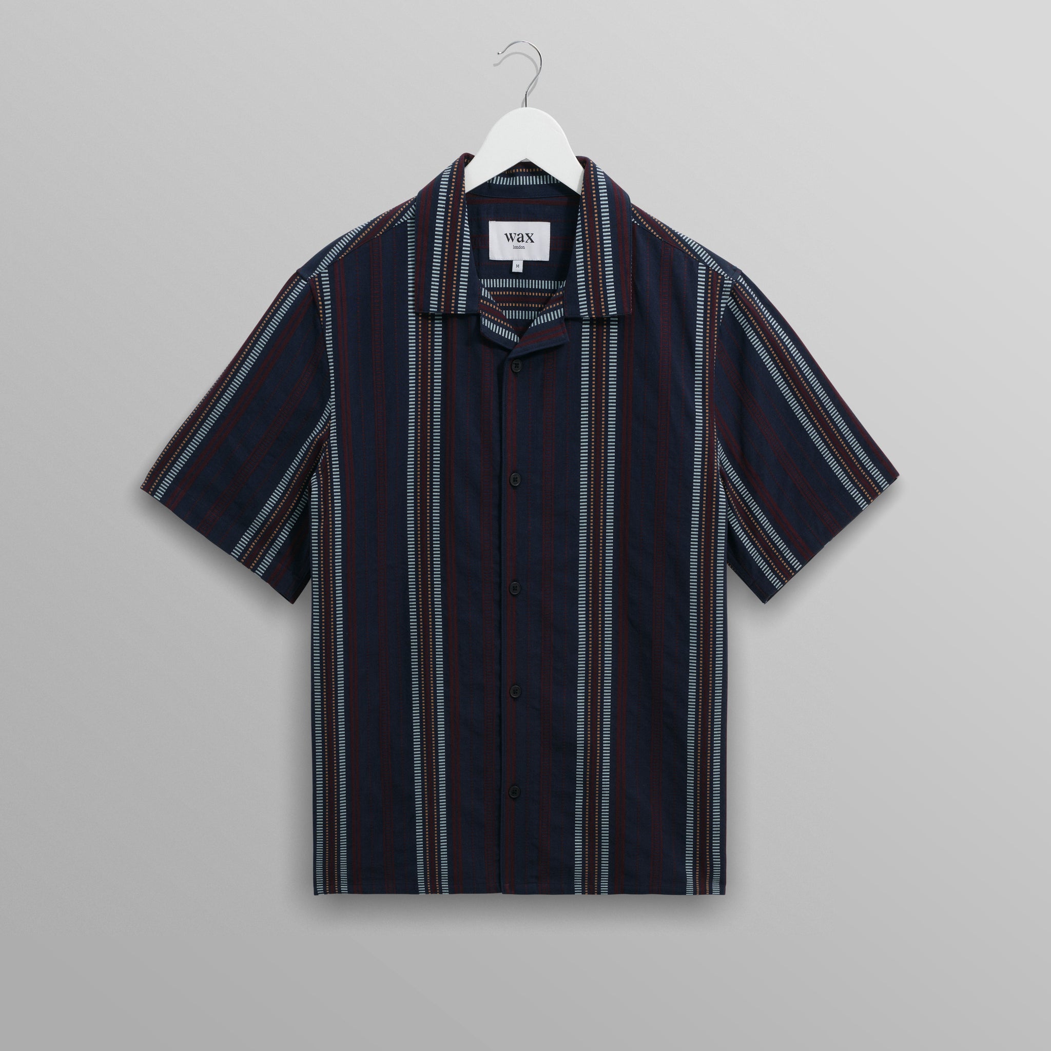 wax london men's Didcot - Navy And Multicolour Stripe Dobby Cotton Short-Sleeve Shirt