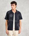 wax london men's Didcot - Navy Bold Floral Embroidered Short-Sleeve Shirt