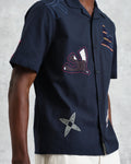 wax london men's Didcot - Navy Doodle Appliqué Short-Sleeve Shirt
