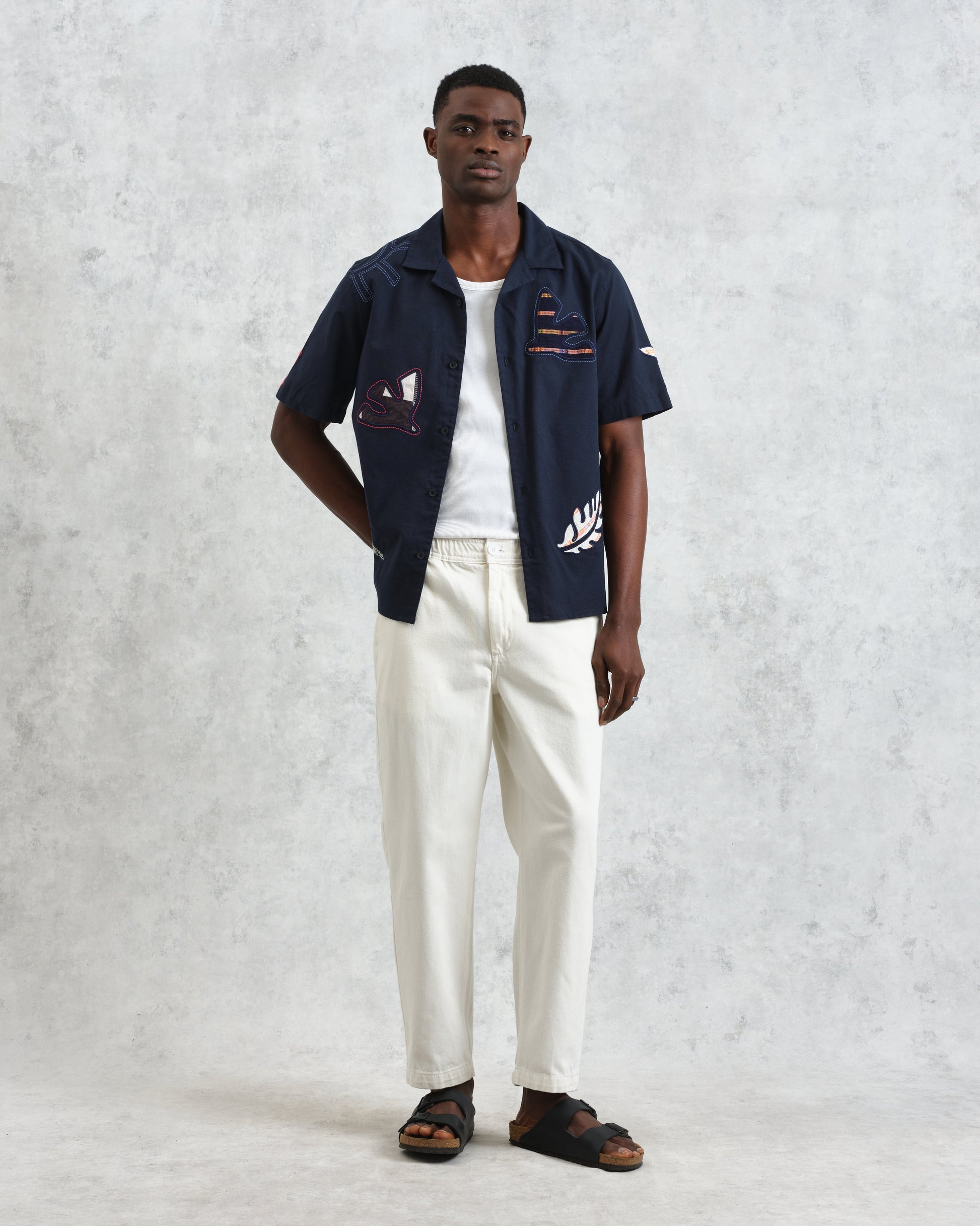 wax london men's Didcot - Navy Doodle Appliqué Short-Sleeve Shirt