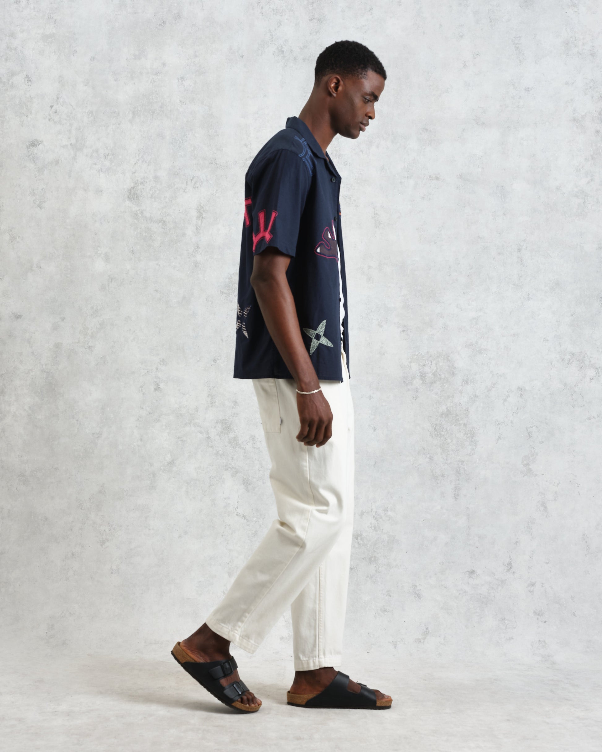 wax london men's Didcot - Navy Doodle Appliqué Short-Sleeve Shirt