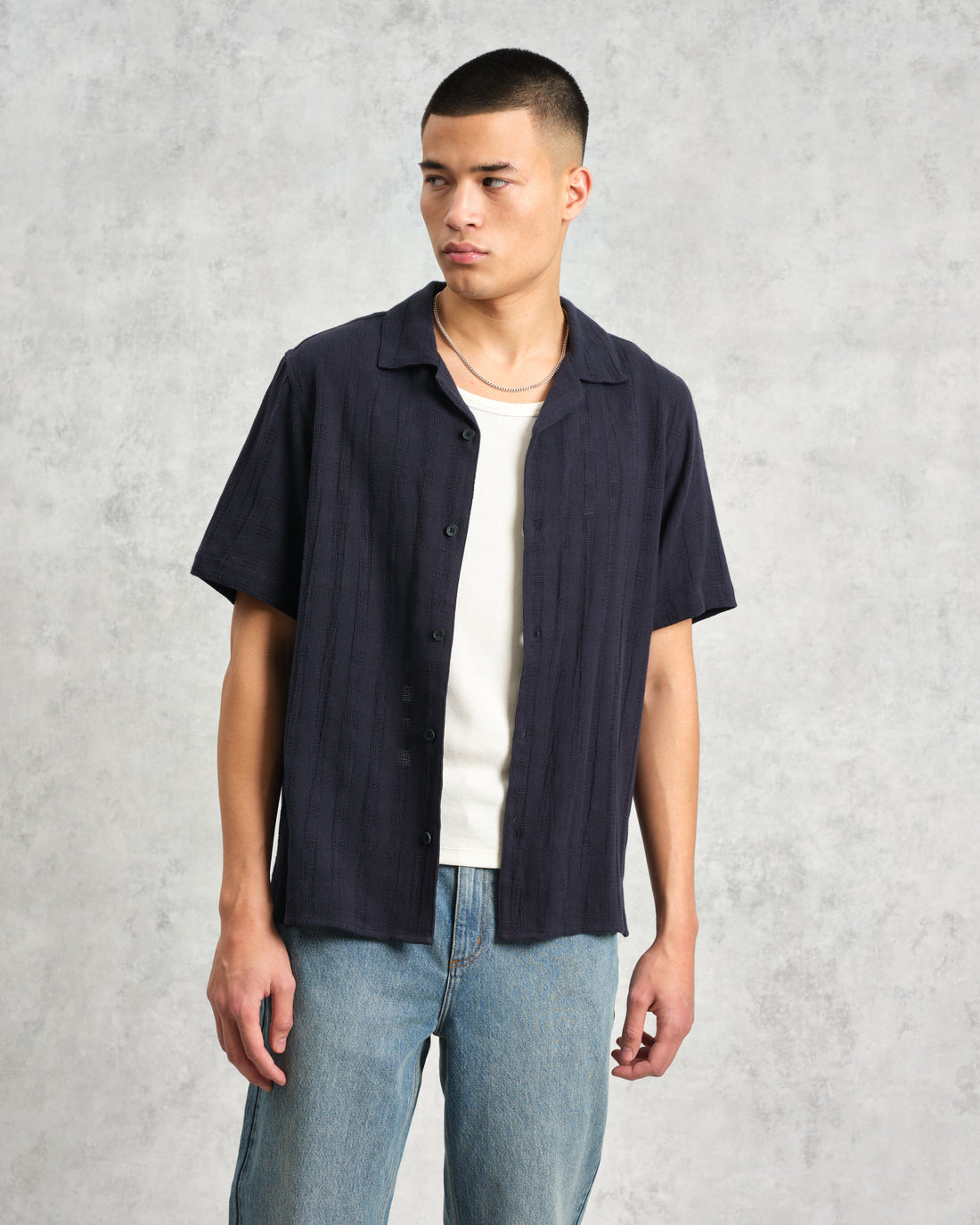 wax london men's Didcot - Navy Open Weave Cotton Short-Sleeve Shirt