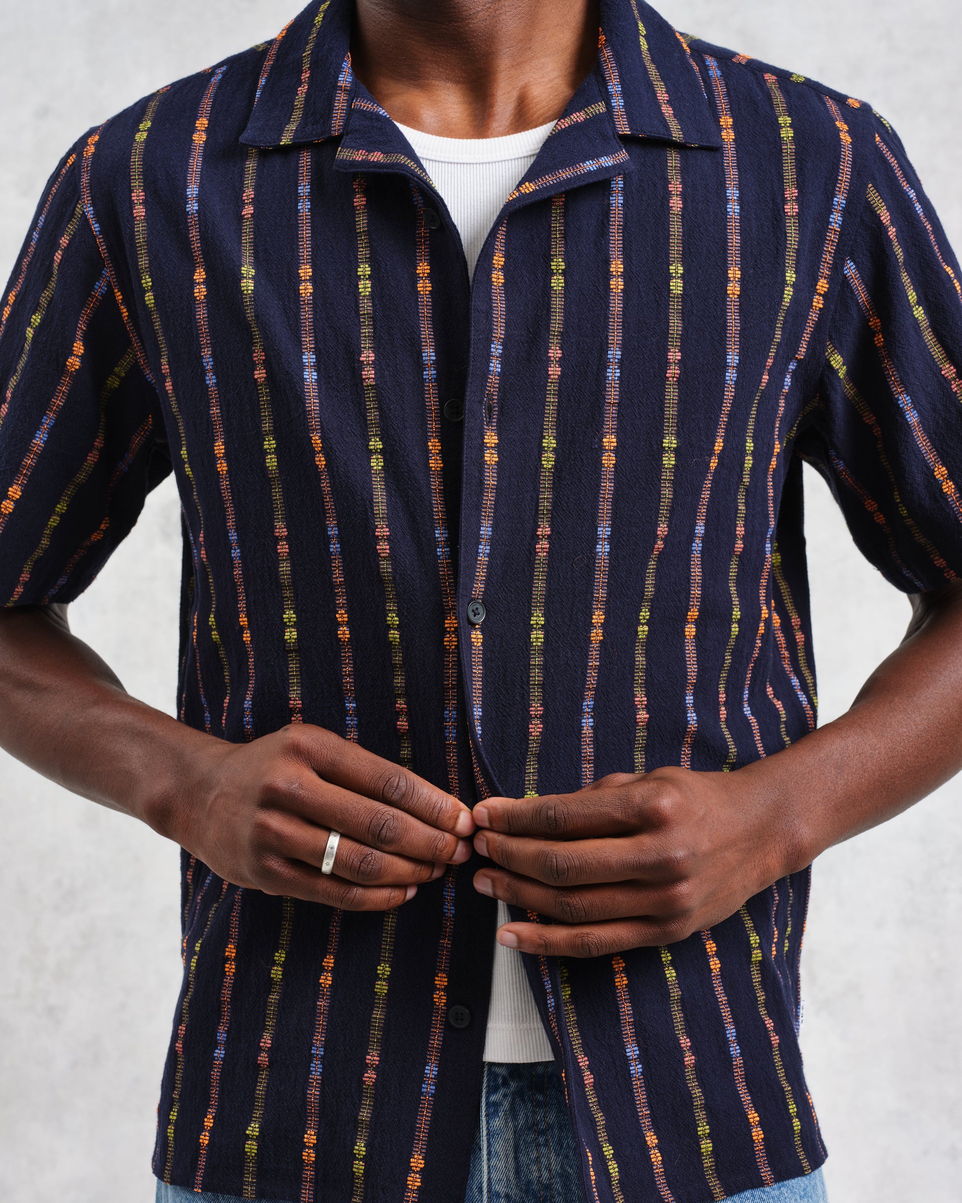 wax london men's Didcot - Navy Stripe Short-Sleeve Shirt