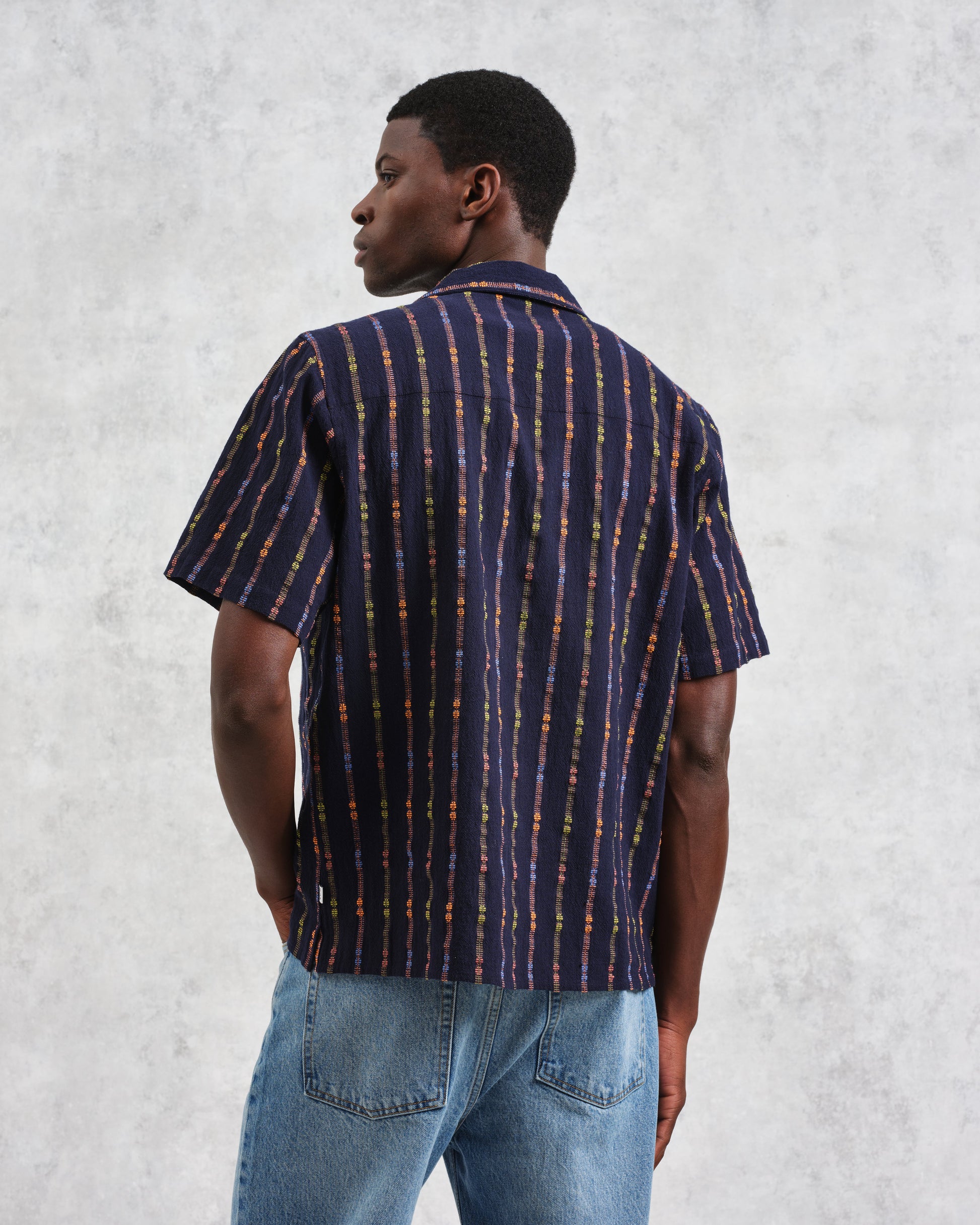 wax london men's Didcot - Navy Stripe Short-Sleeve Shirt