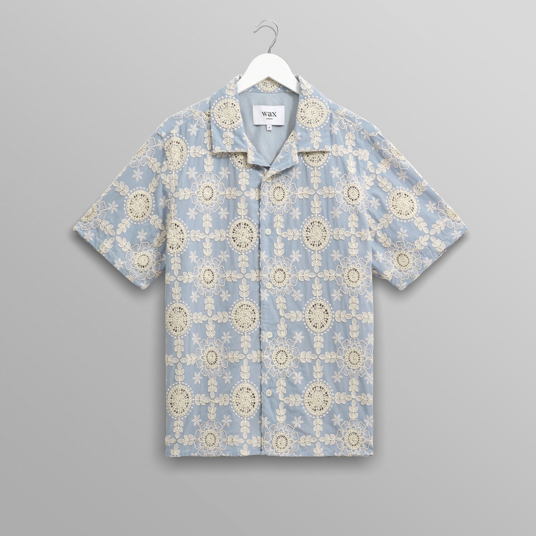 wax london men's Didcot - Pale Blue Intricate Lace Short-Sleeve Shirt