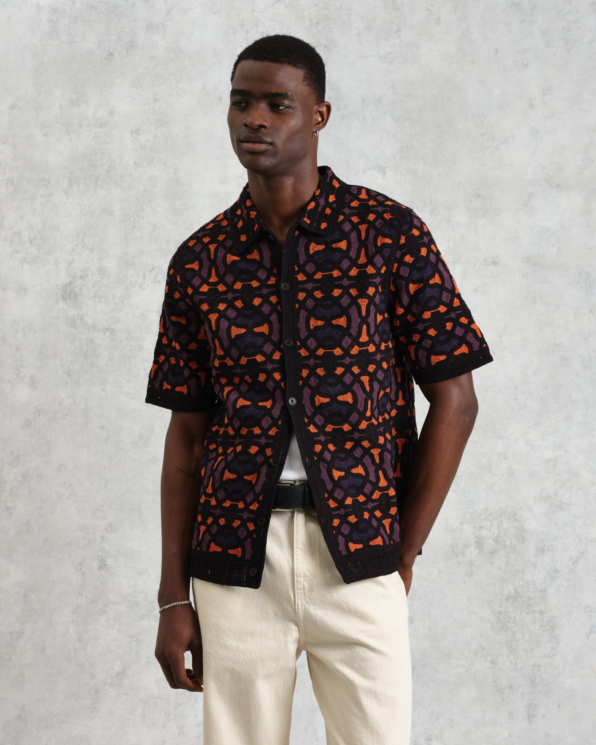 wax london men's Dorset - Black And Multicolour Crochet Knitted Polo Shirt