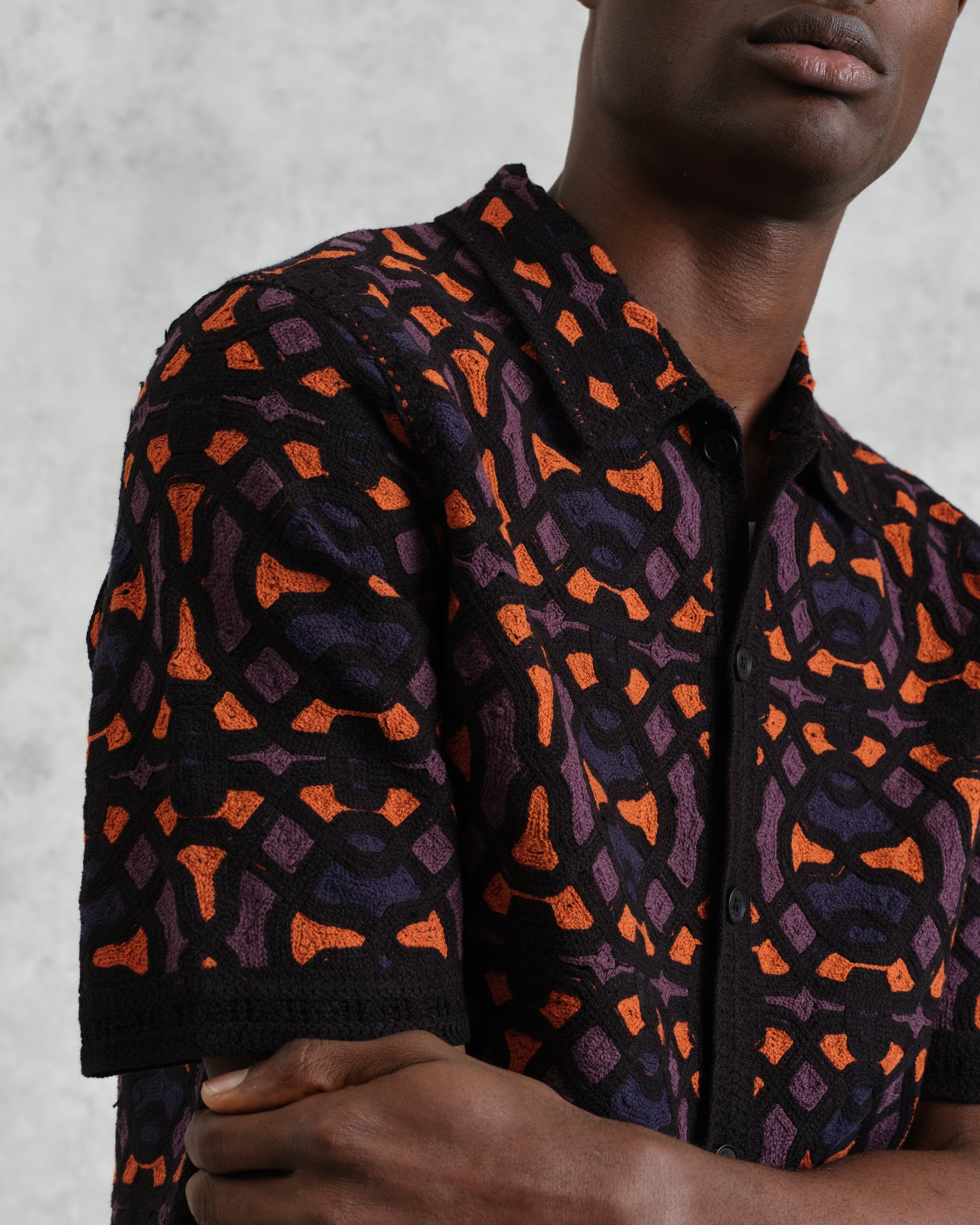 wax london men's Dorset - Black And Multicolour Crochet Knitted Polo Shirt
