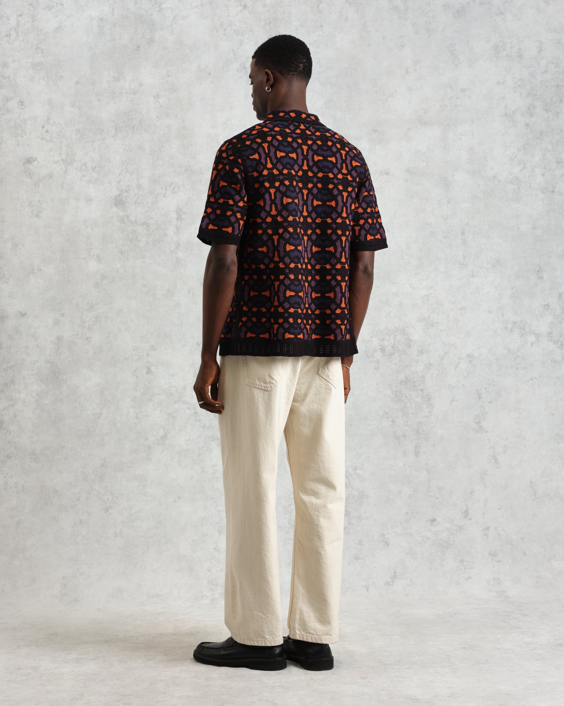 wax london men's Dorset - Black And Multicolour Crochet Knitted Polo Shirt