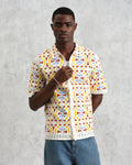 wax london men's Dorset - Ecru And Multicolour Crochet Knitted Polo Shirt