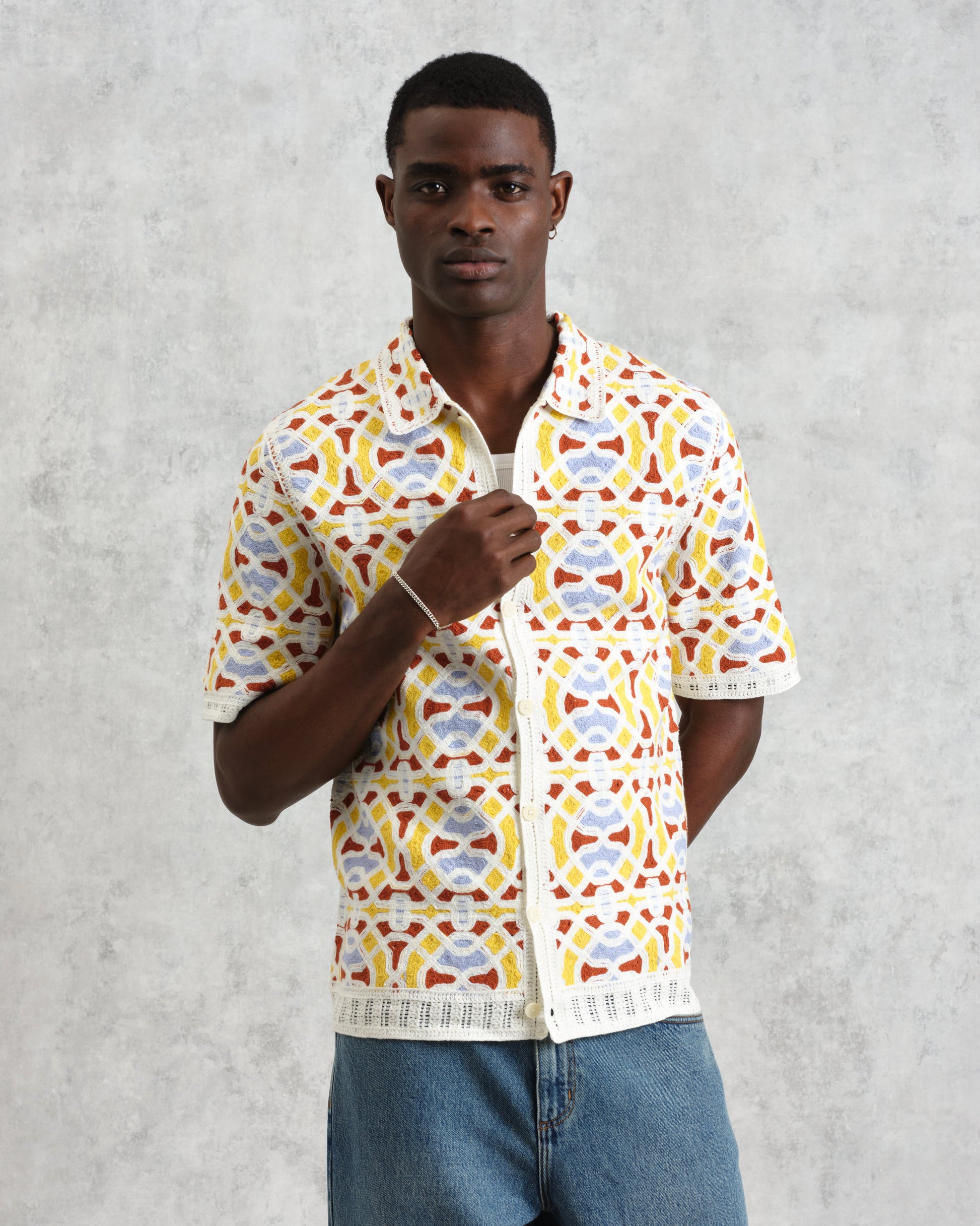 wax london men's Dorset - Ecru And Multicolour Crochet Knitted Polo Shirt
